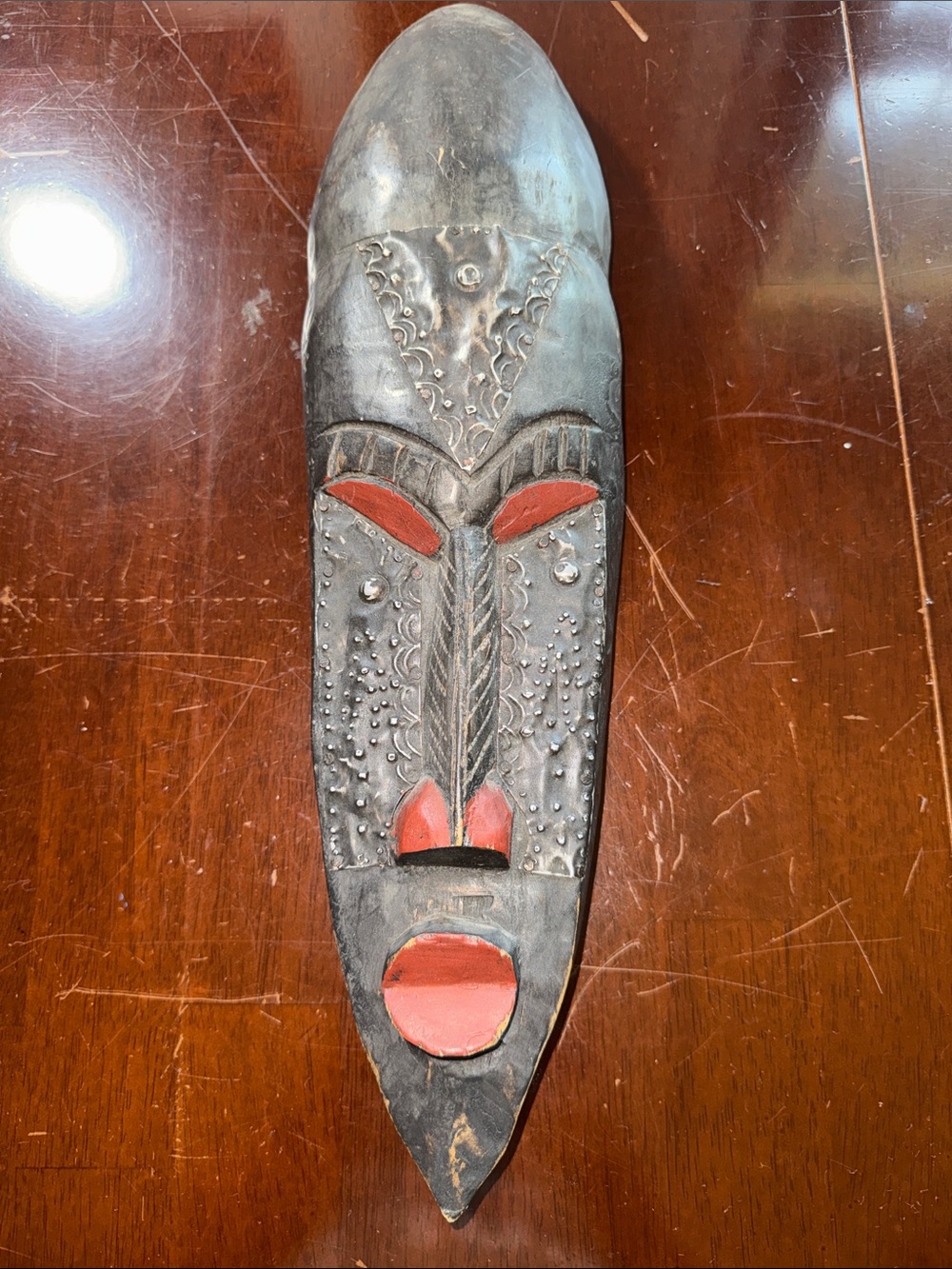 Hand-Carved Black and Red Tribal Wall Mask - Decorative Home Art